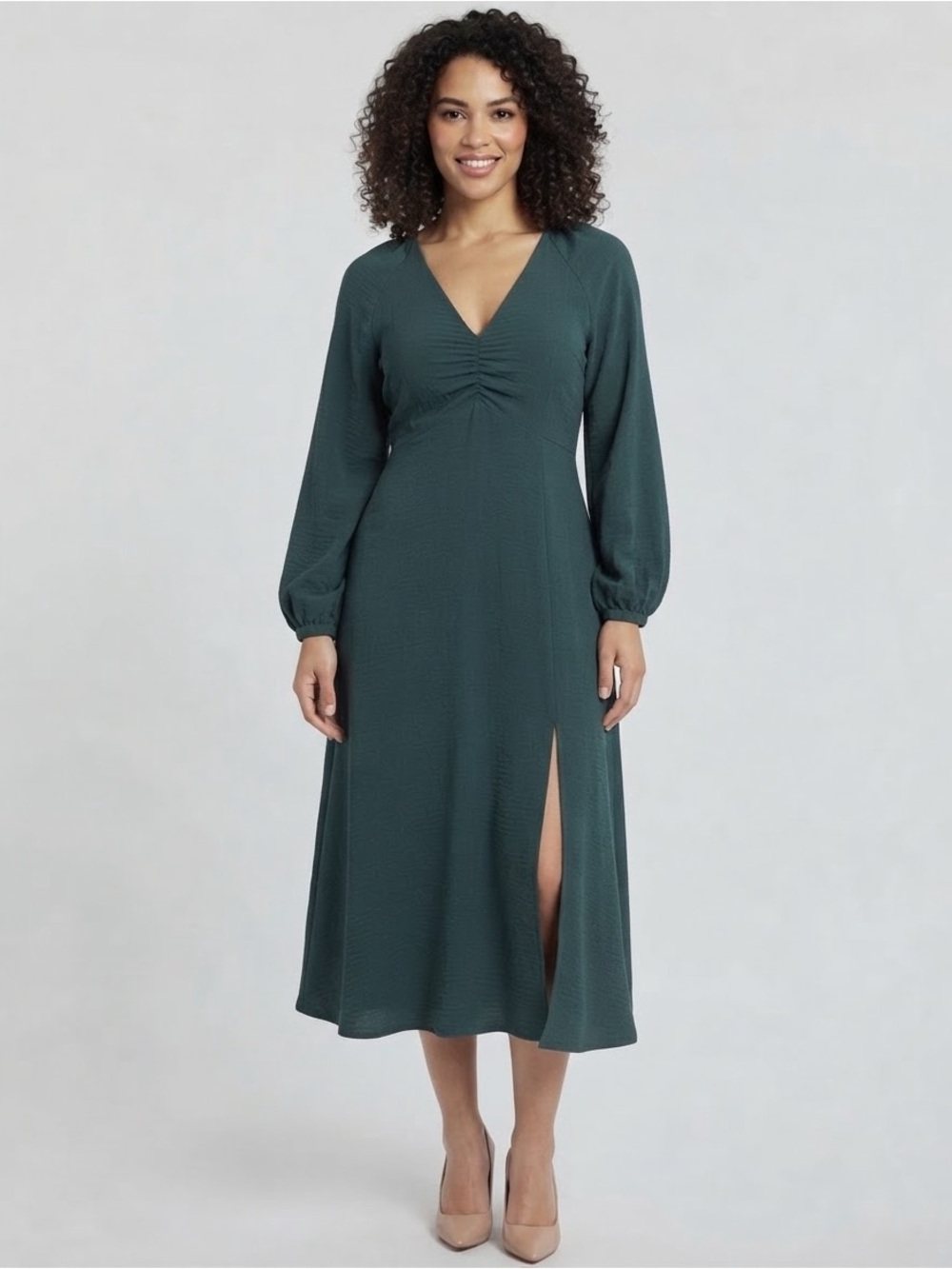 Zara Teal V-Neck Long Sleeve Midi Dress with Front Slit